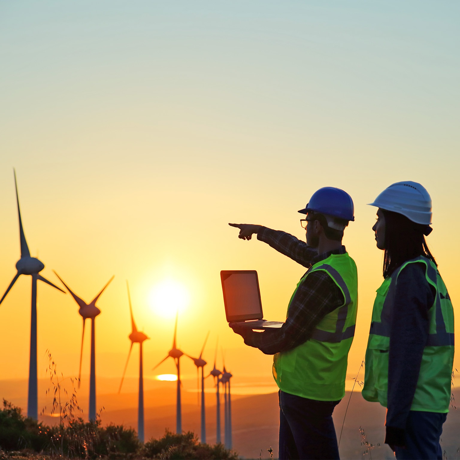 Two workers in a Windmills field working on a laptop and pointing in the direction of the windmills as the sun is setting. 