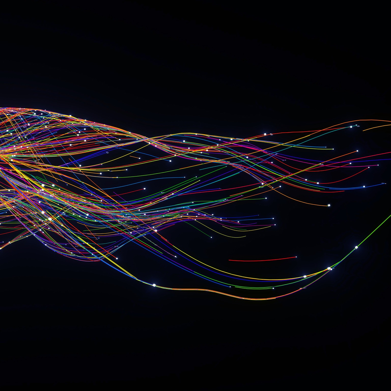 Digital generated image of abstract flowing data made out of numbers and glowing turbulent multi coloured splines on black background.