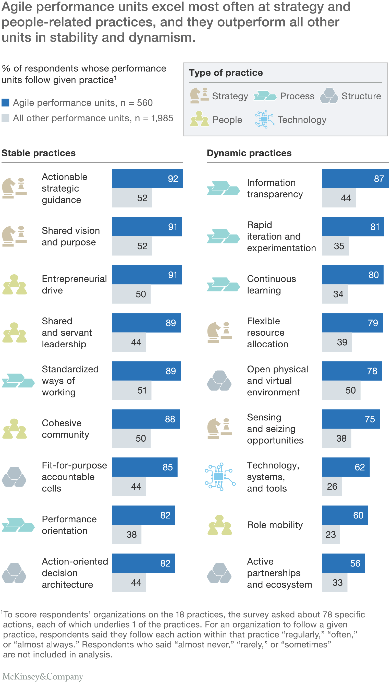 Agile performance units excel most often at strategy and people-related practices, and they outperform all other units in stability and dynamism.