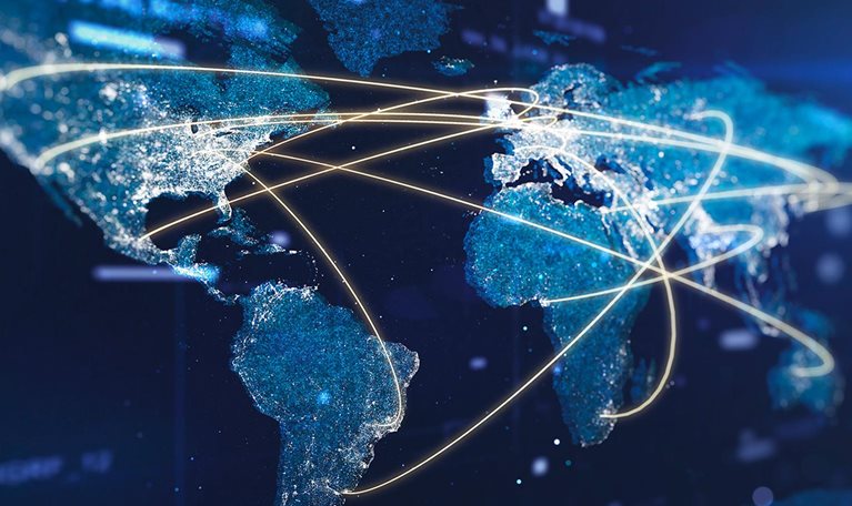 Global communication network on a glowing particle world map. - stock photo