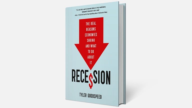 A minimalist book cover featuring a large red downward arrow with the title text inside it, set against a muted blue background. Below, the word “Recession” is prominently displayed with a dollar sign replacing the “S,” and the author’s name, Tyler Goodspeed, appears at the bottom.