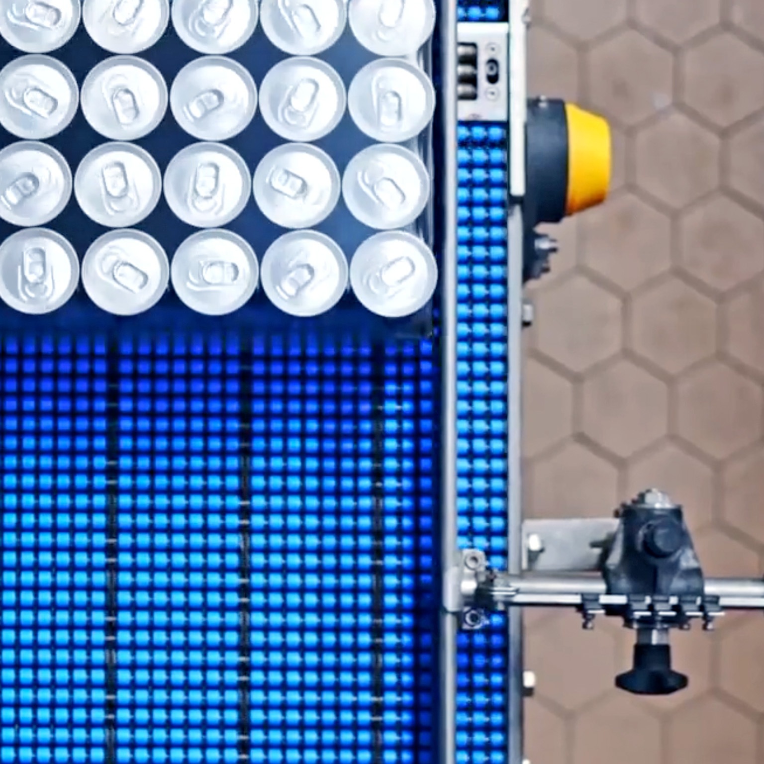 overhead view of beverage packaged goods assembly line