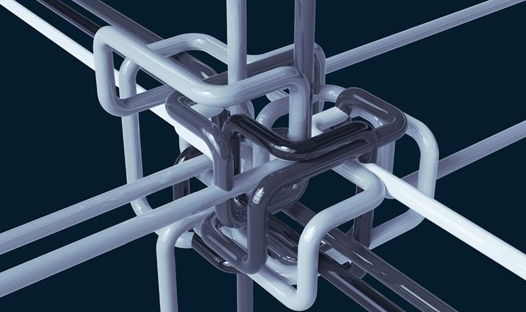 Digital picture with colorful pipes network system converging in a place from different directions.