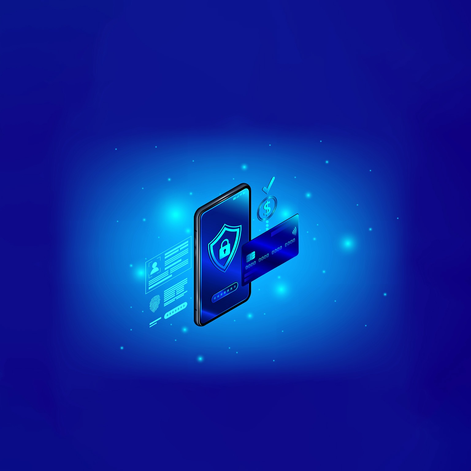 A blue-lit digital illustration showing a smartphone with a shield icon on its screen. Next to the phone is a credit card, a dollar sign, and other symbols suggesting secure payment systems.