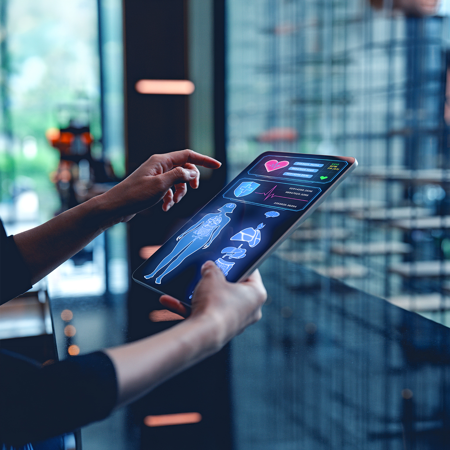 A person using a tablet displaying health data and statistics, indicating advanced technology in healthcare and personal wellness.