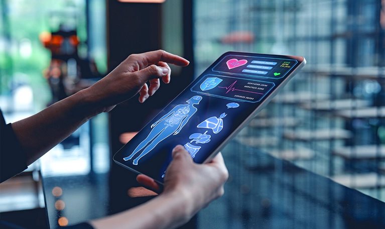 A person using a tablet displaying health data and statistics, indicating advanced technology in healthcare and personal wellness.