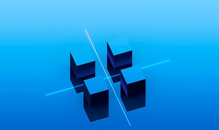 Four blue geometric blocks arranged in a grid-like formation on a smooth blue background. Thin glowing lines intersect between them, suggesting separation, restructuring, or a strategic division of elements.