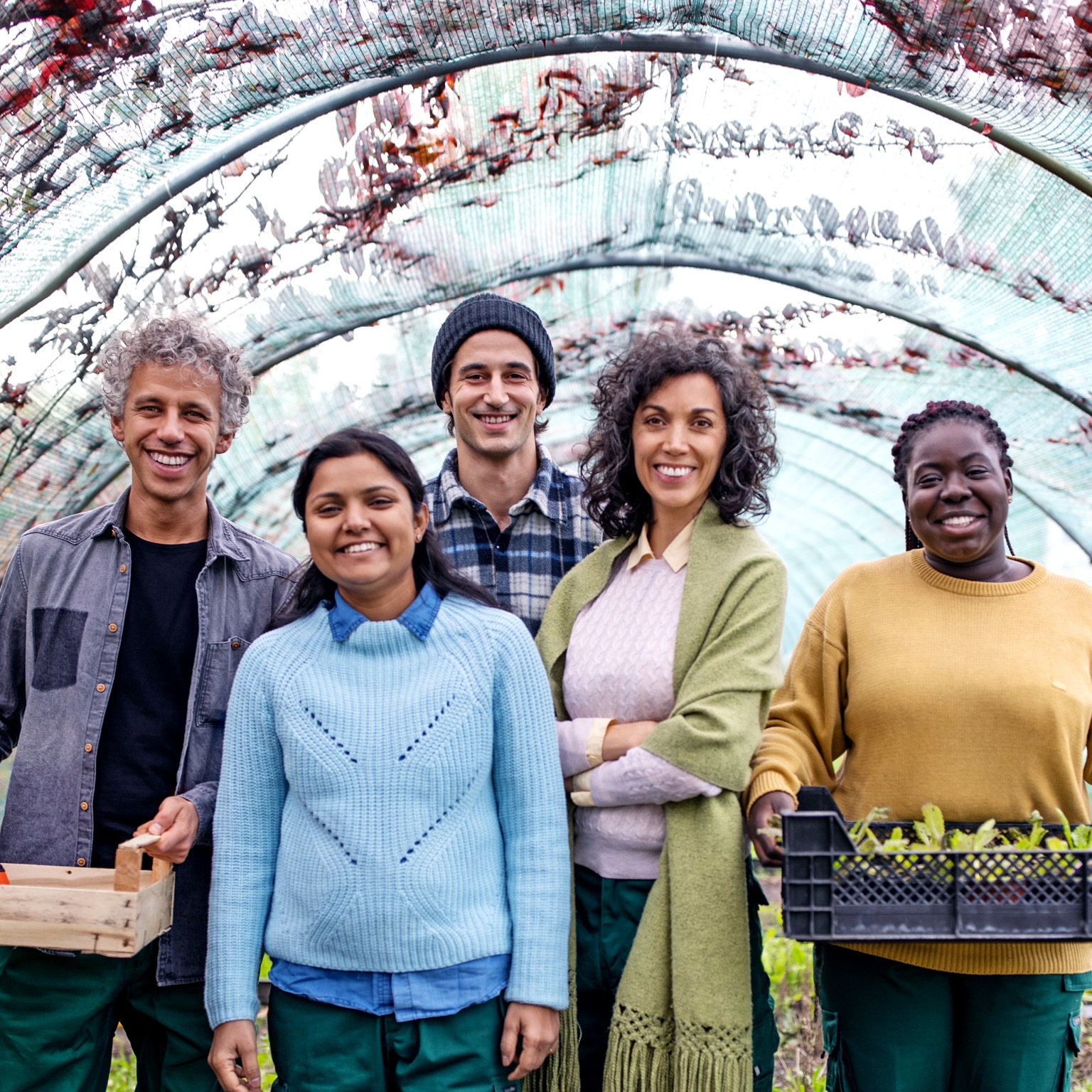 Group portrait of garden center workers standing together with plant crates