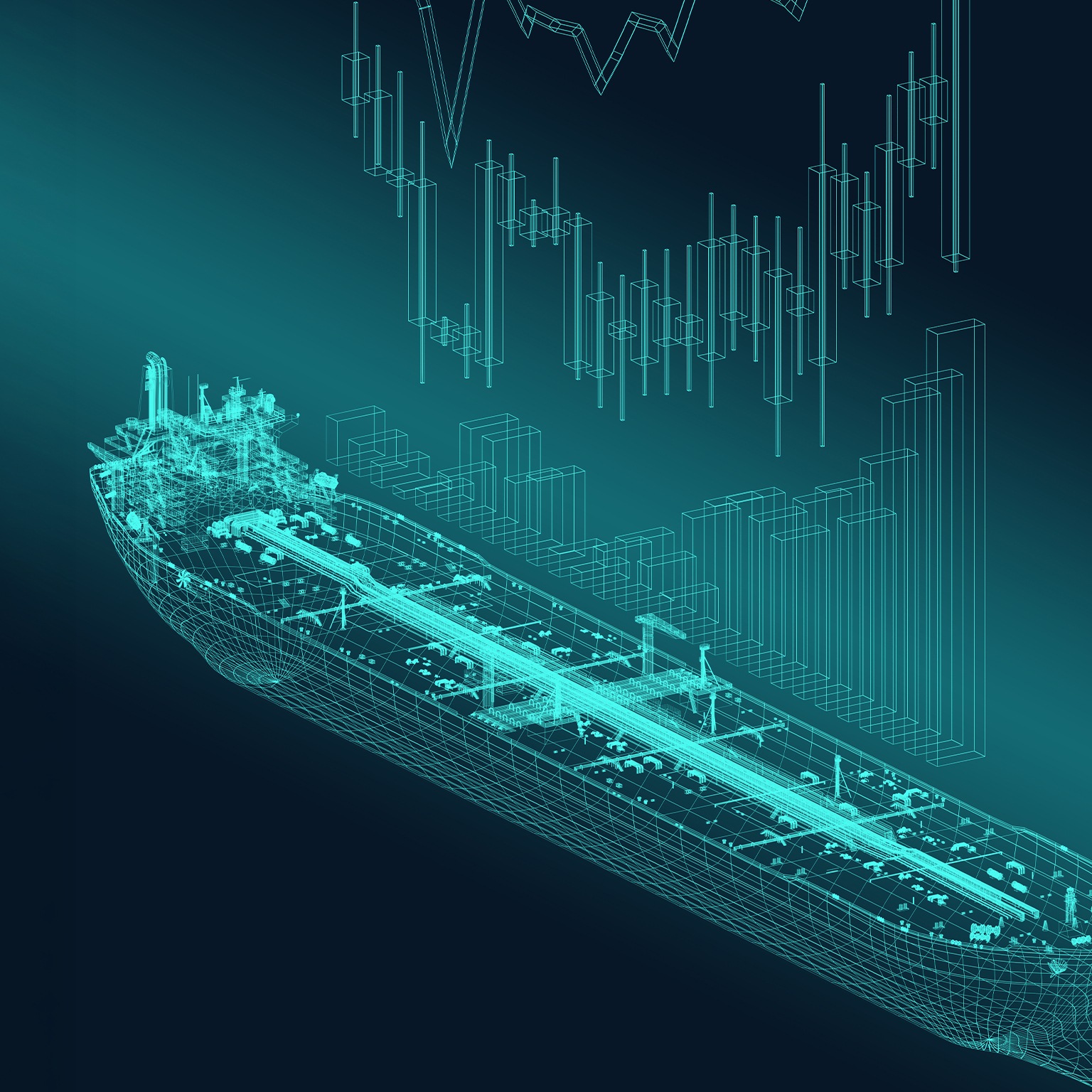 Ascending chart against the background of the tanker ship schematics.