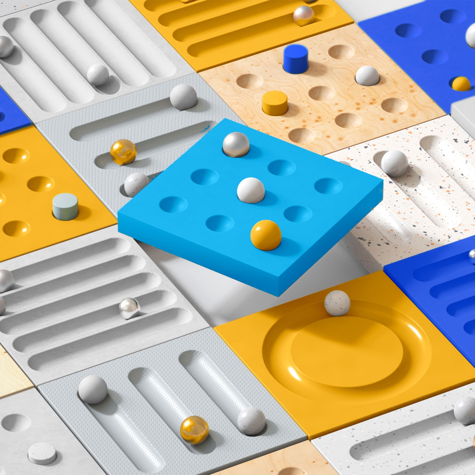 A multilayered puzzle with numerous labyrinth balls maneuvering through ever-shifting, multi-colored mazes, symbolizing the overarching theme of a significant transition.