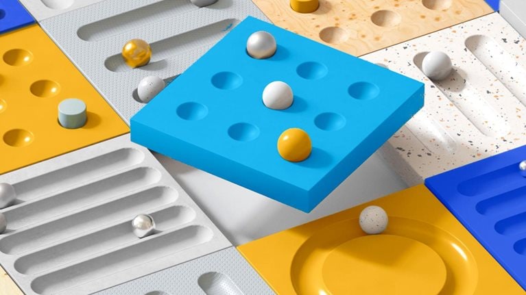 A multilayered puzzle with numerous labyrinth balls maneuvering through ever-shifting, multi-colored mazes, symbolizing the overarching theme of a significant transition.