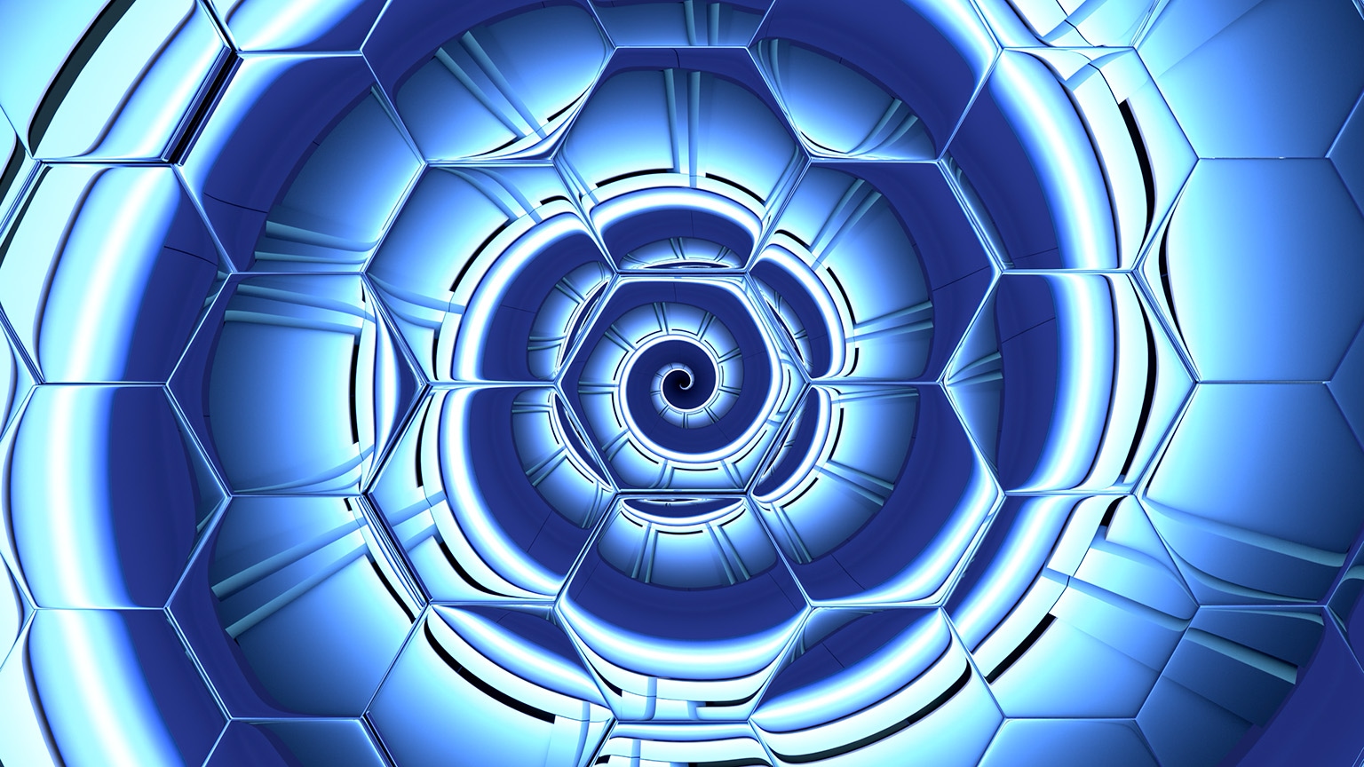 Animation of a spiral slowing spinning behind hex-patterned glass.