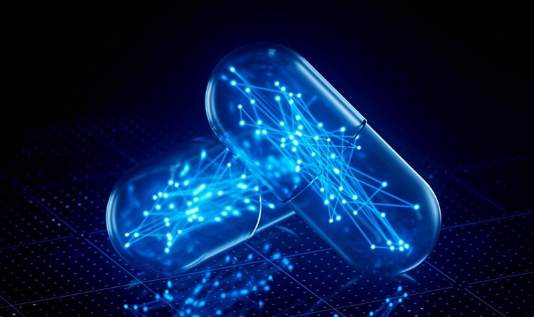 Two transparent pill capsules filled with a glowing blue network of interconnected nodes. They rest on a dark surface with a grid pattern, enhancing the high-tech feel.