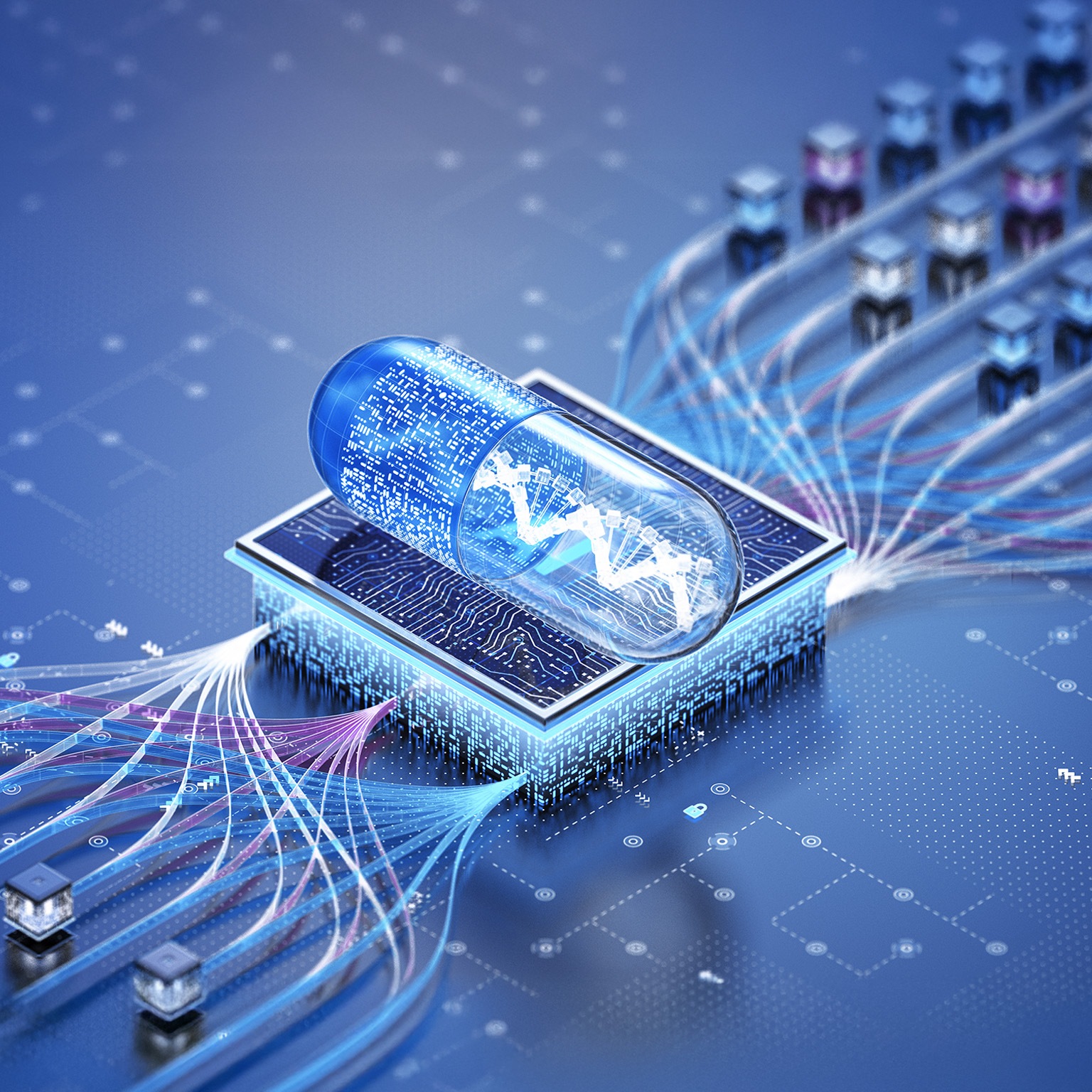 The image is a conceptual illustration of a digital pill or smart medication, symbolizing the integration of artificial intelligence (AI) and technology within the pharmaceutical industry.