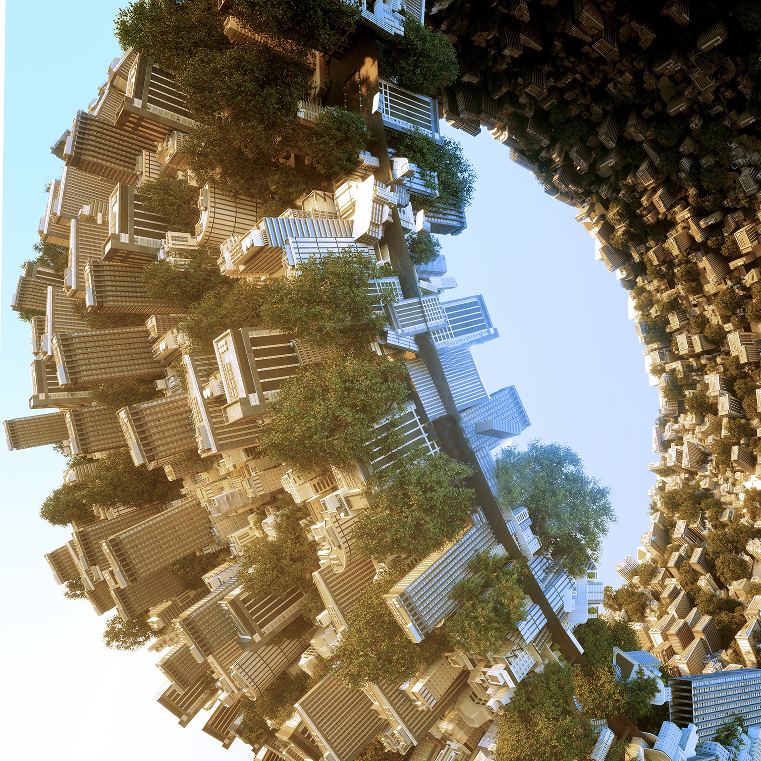 An urban environment shaped like a torus, forming a continuous ring of architecture and trees.