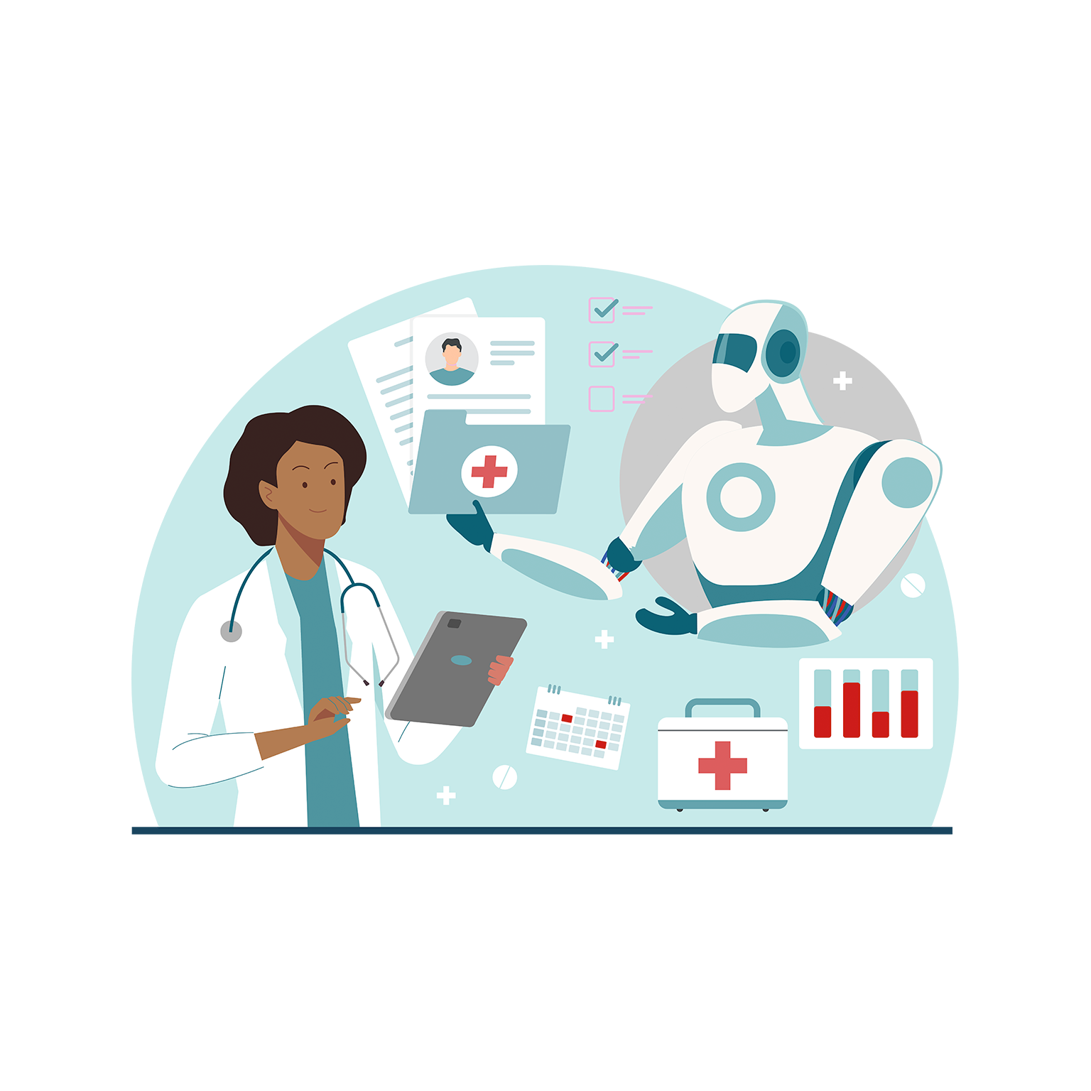 Illustration of a female medical professional speaking with an AI robot