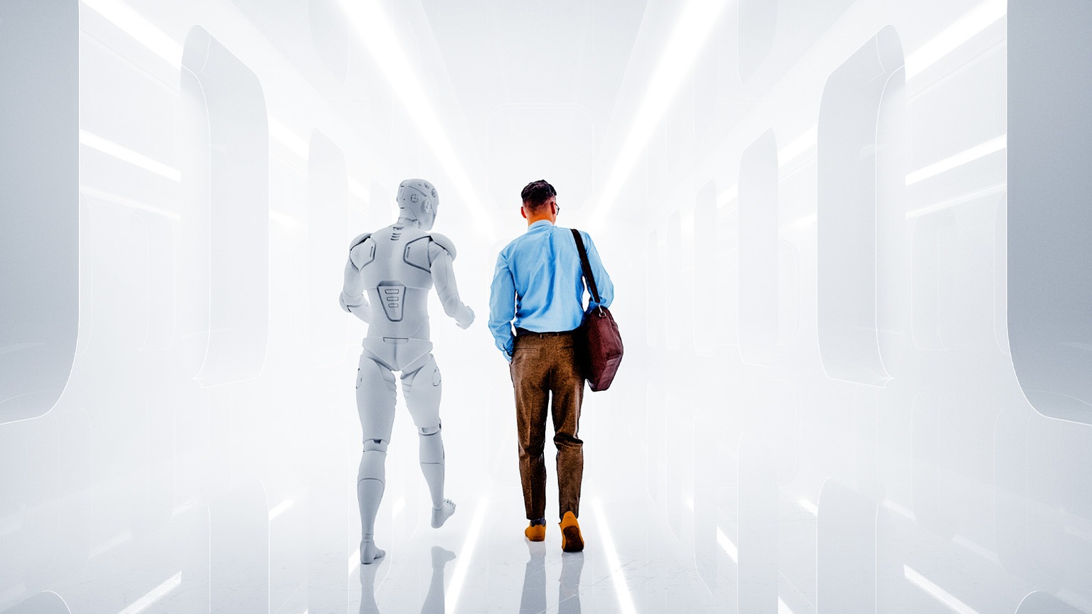 A man dressed in business-casual attire walks side by side with a humanoid robot down a futuristic corridor. The pair are viewed from behind, walking away from the viewer into the brightly lit space.