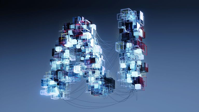 Two letters A (for artificial) and I (for intelligence) made from transparent and glowing cubes connected by wires are floating against a dark background.