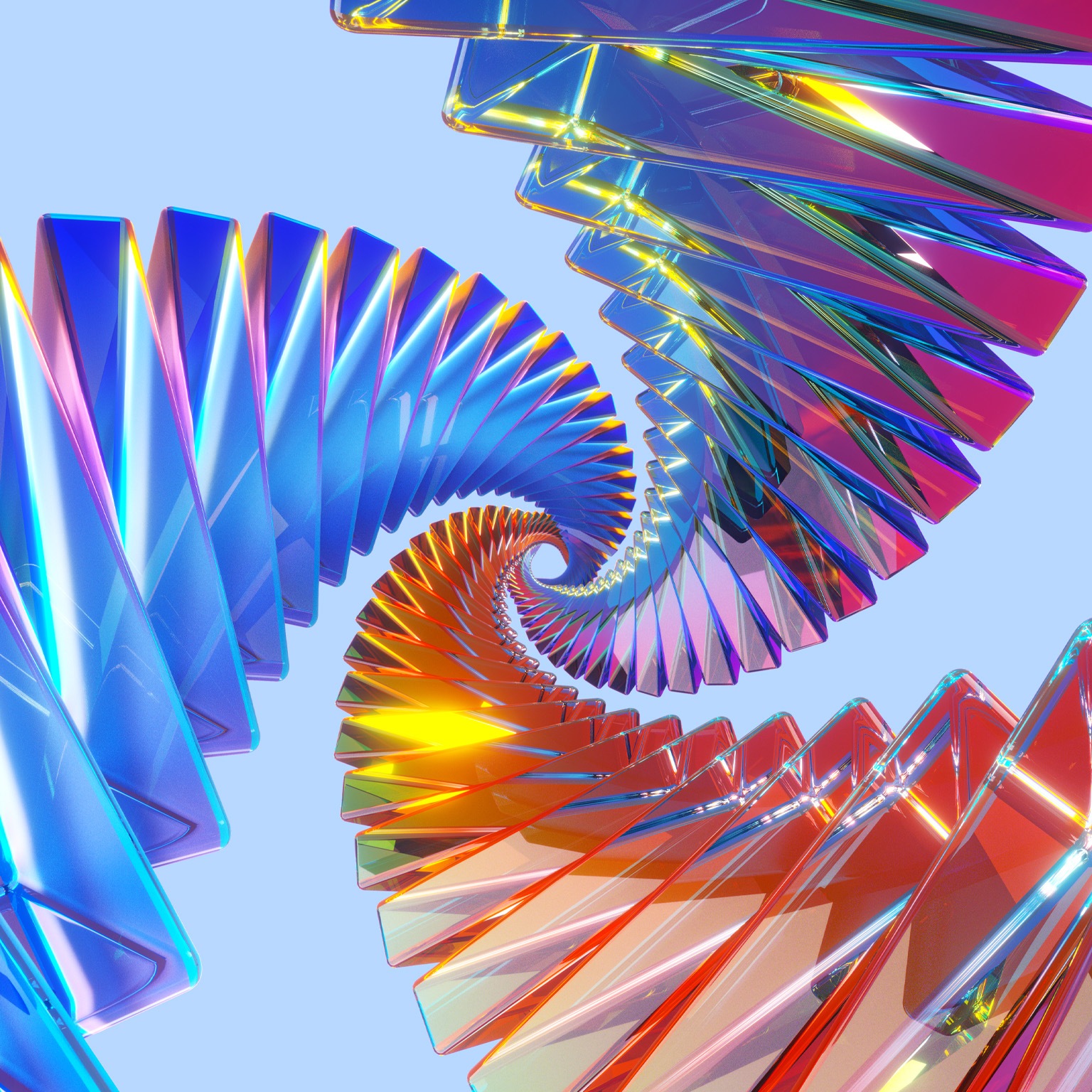 Three sets of iridescent, colorful, glasslike panels, arranged in a concentric spiral, swilling together to form a singular point.