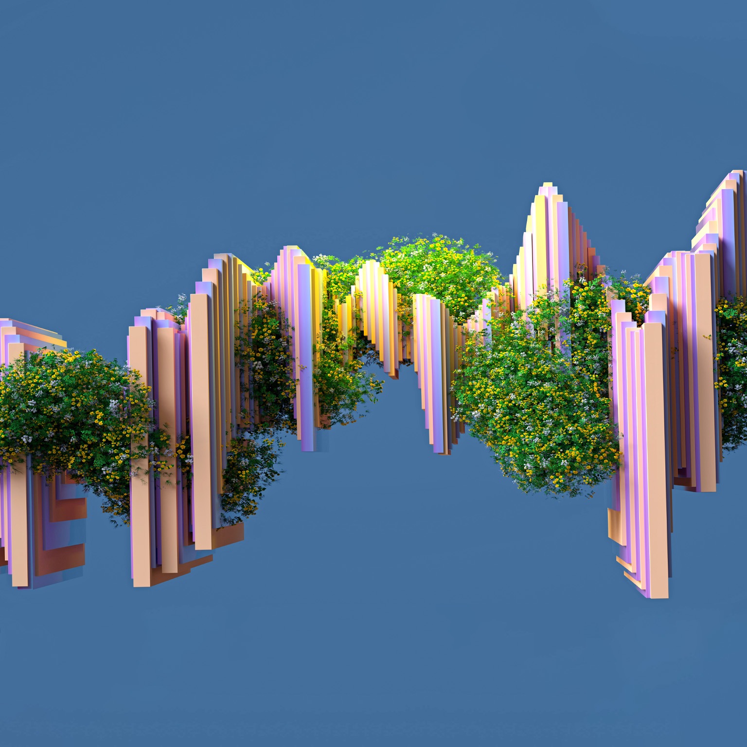 3D image of flowers and greenery growing around an abstract multi layered diagram against a grey-blue background.