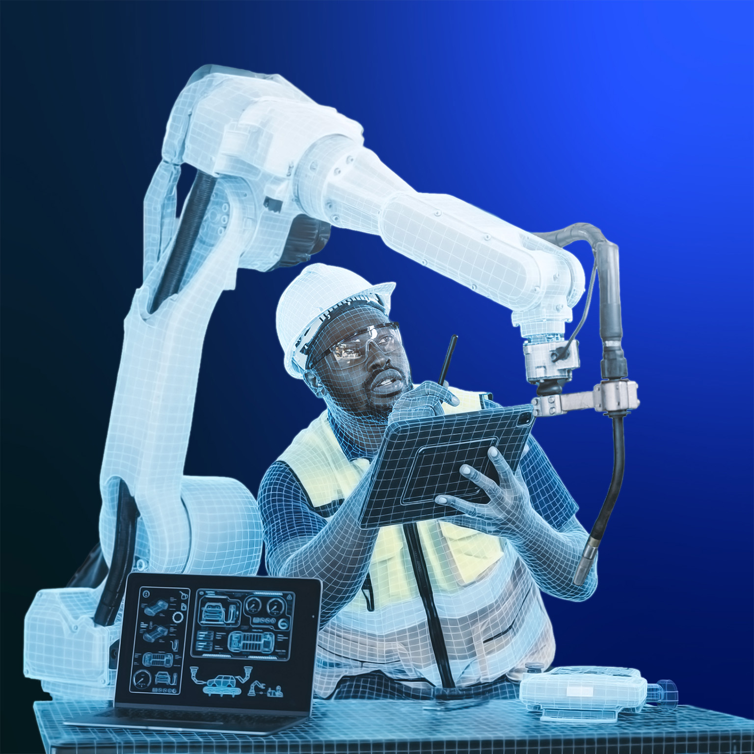 A worker wearing a hard hat, safety glasses, and a high-visibility vest holds a tablet at a workstation, with a large industrial robotic arm rising behind him. Both the worker and the robotic arm are partly rendered in a translucent blue wireframe, blending the two together. A laptop on the desk displays engineering schematics, set against a gradient blue background.