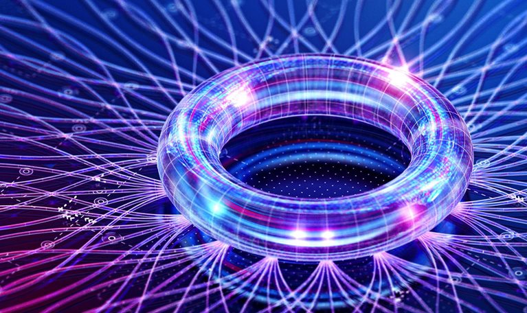 A futuristic abstract digital composition of a glowing translucent ring surrounded by radiating blue, cyan, and magenta network lines.