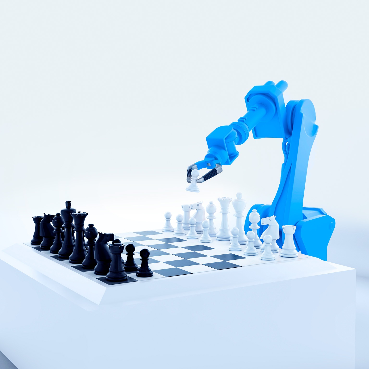  A blue robotic arm playing a game of chess. 