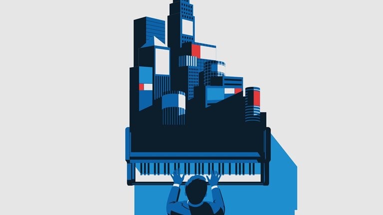 A stylized overhead illustration of a pianist playing a grand piano whose body transforms into a modern city skyline filled with billboards and digital advertisements