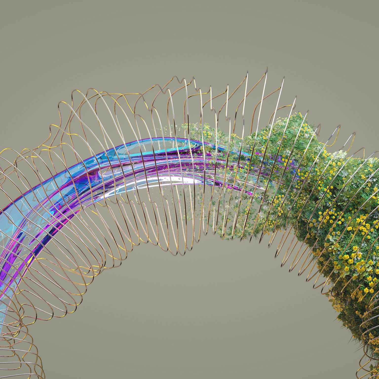 Digital generated image of grass and flowers growing on abstract torus shape made out of transparent glass.