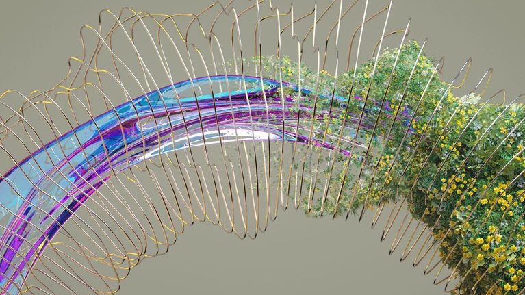 Digital generated image of grass and flowers growing on abstract torus shape made out of transparent glass.