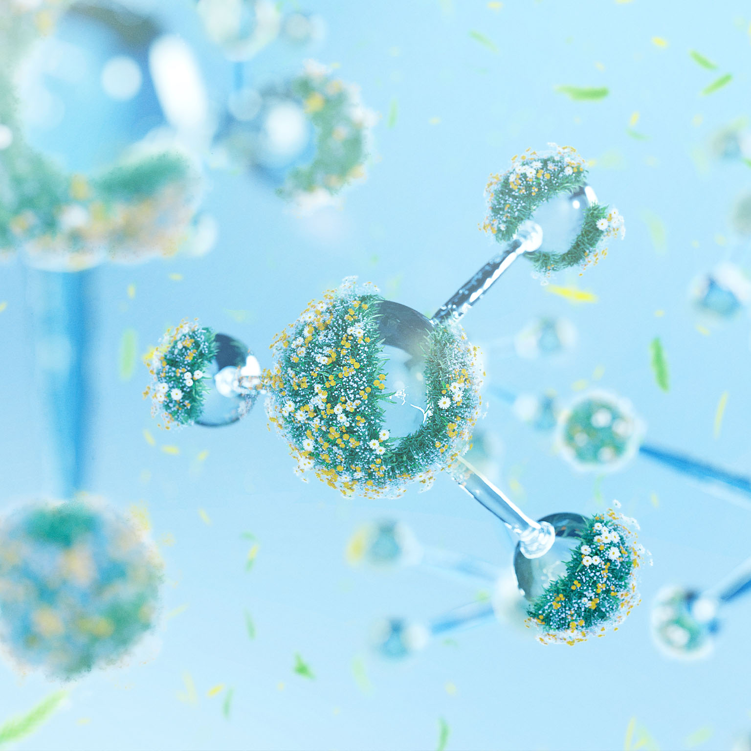 Molecular structure model with grass and flower on a light blue background.