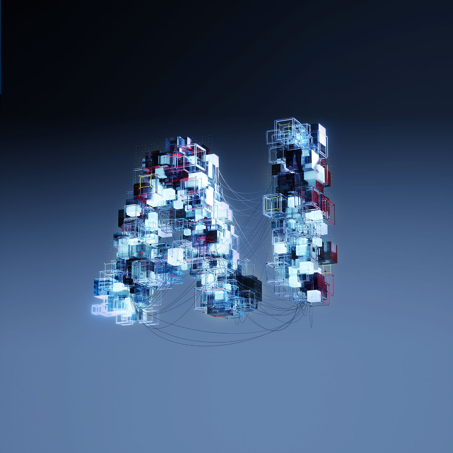 Two letters A (for artificial) and I (for intelligence) made from transparent and glowing cubes connected by wires are floating against a dark background.