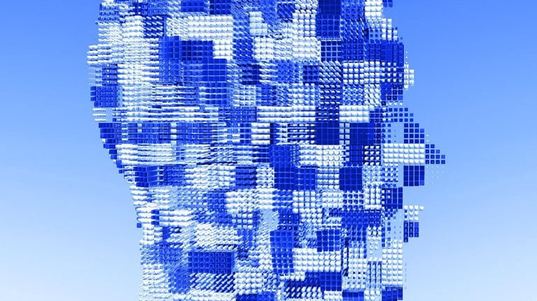 A futuristic digital representation of interconnected data cubes forming a human-like shape