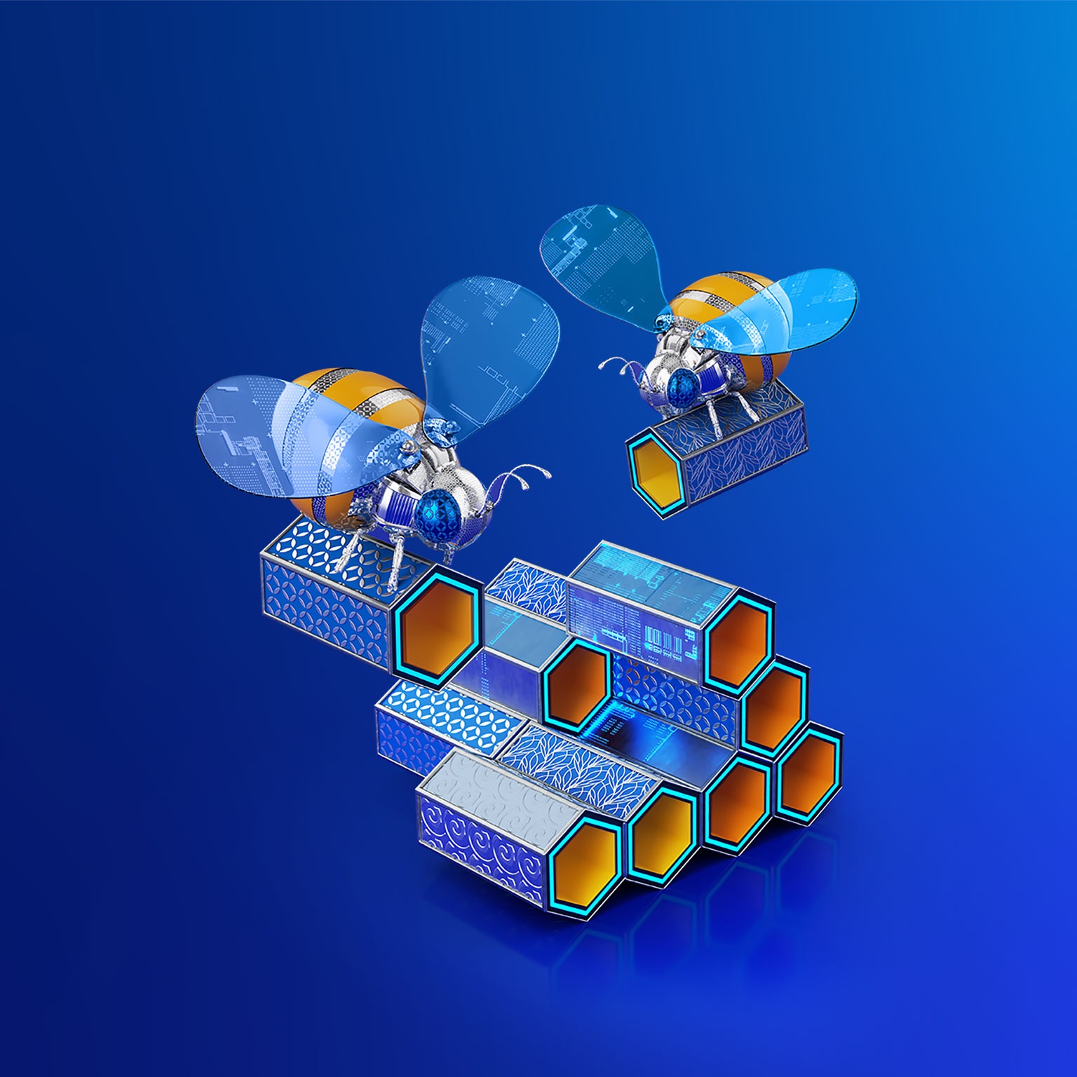 High-tech bees buzz with purpose, meticulously arranging digital hexagonal cylinders into a precisely stacked formation.