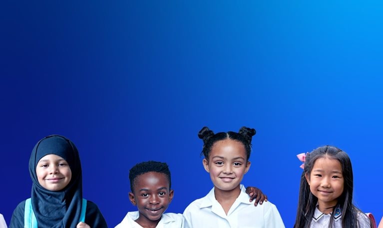 Diverse group of smiling students standing together. - stock photo