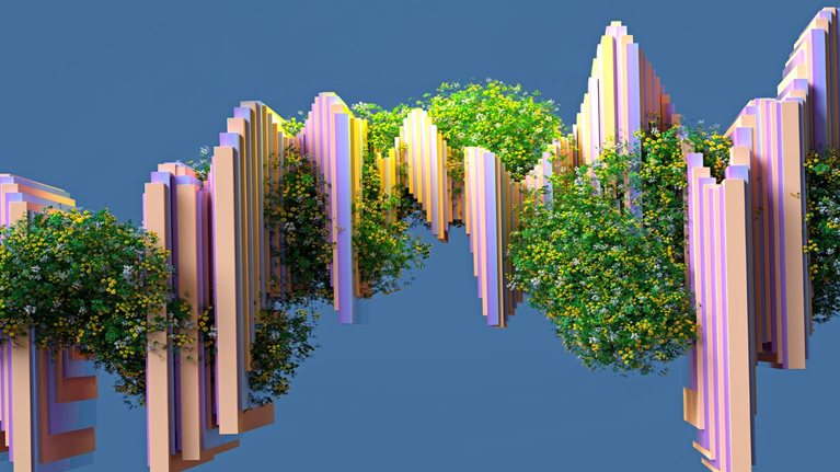 3D image of flowers and greenery growing around an abstract multi layered diagram against a grey-blue background.