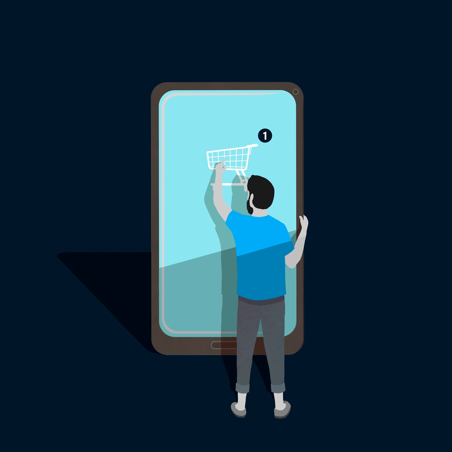 illustration man shopping on life-sized mobile device