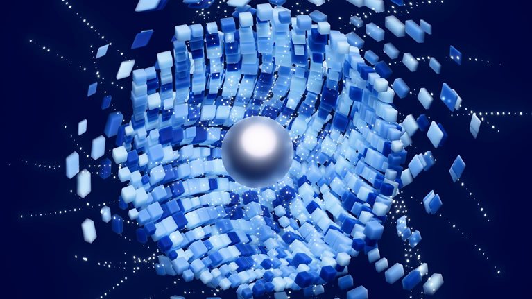 Abstract 3D image of a metallic sphere surrounded by swirling blue and white rectangular tiles and dotted light trails on a dark blue background.