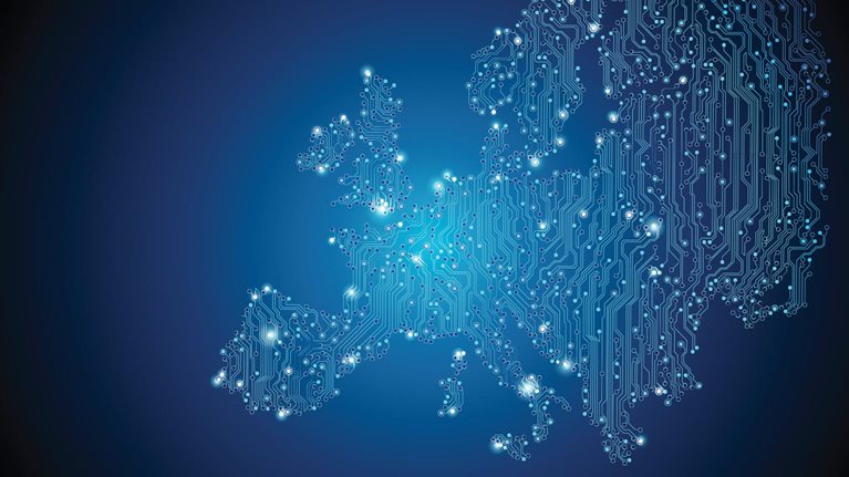Image of a conceptual map of Europe as a circuit board.