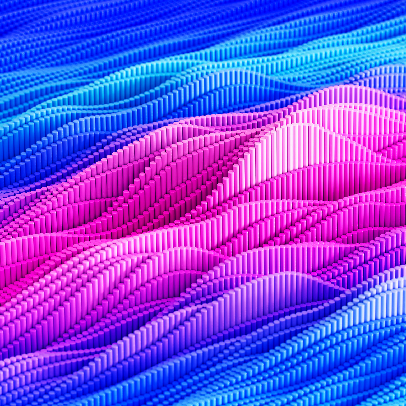 A vibrant field of small cylindrical pillars forms undulating, graph-like patterns across the surface. The colors transition smoothly from blue to pink, creating a dynamic and abstract visual effect.