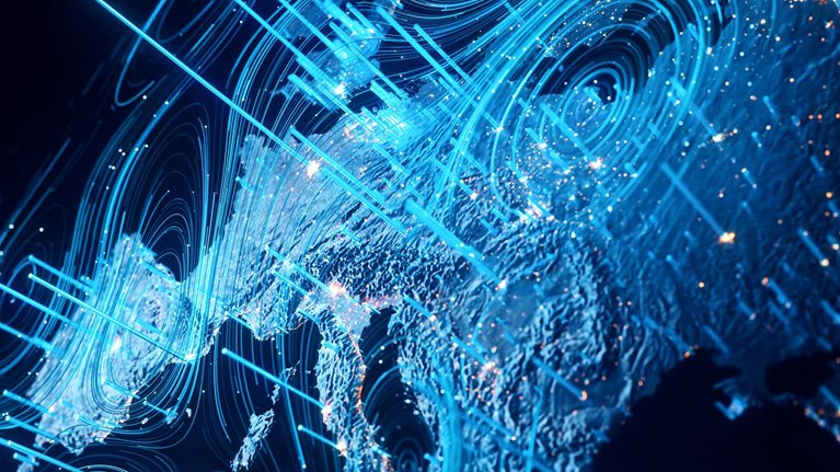 swirling blue and black globe, focusing on Europe