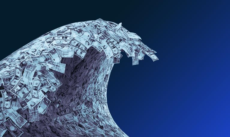 A big wave swallows the building