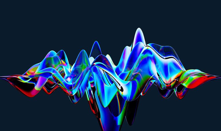 A 3d pattern of deep blue, red, and green hues undulates across the screen, resembling an abstract glass wave. The wave is set against a deep blue background, which adds to the drama.