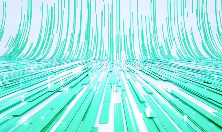 Abstract aqua green lines and rectangular shapes flow across a surface and curve upward into the distance.