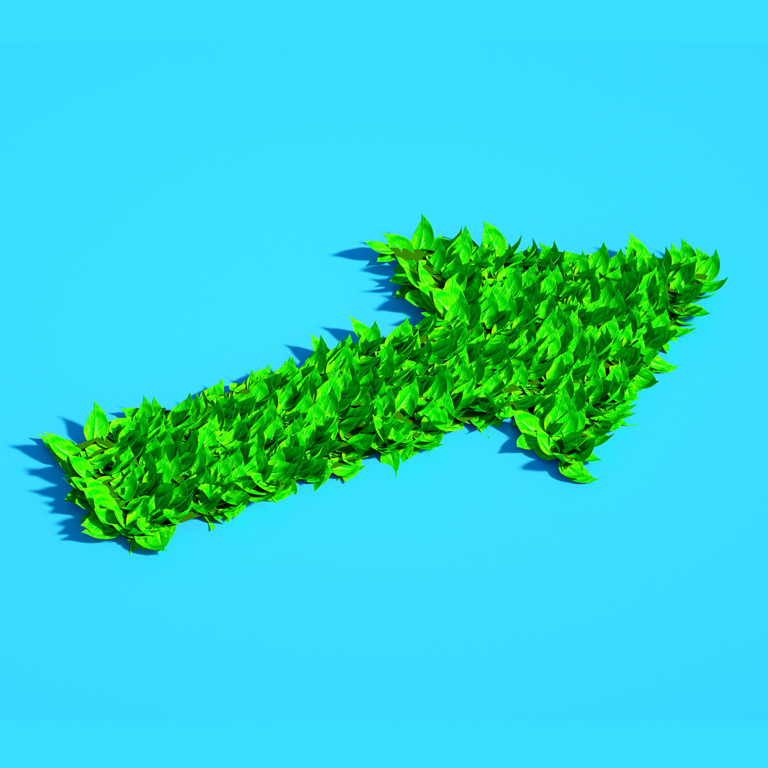 Digital generated image of arrow made out of green leaves on blue background.