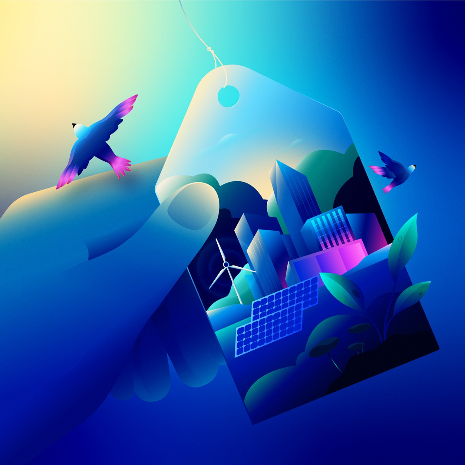 A close-up of a hand holding a price tag. On the tag is an image depicting a sustainable environment—featuring  trees, modern tall buildings, a wind turbine, and solar panels. Two birds lift off from the image, flying beyond the tag and into the surrounding space.