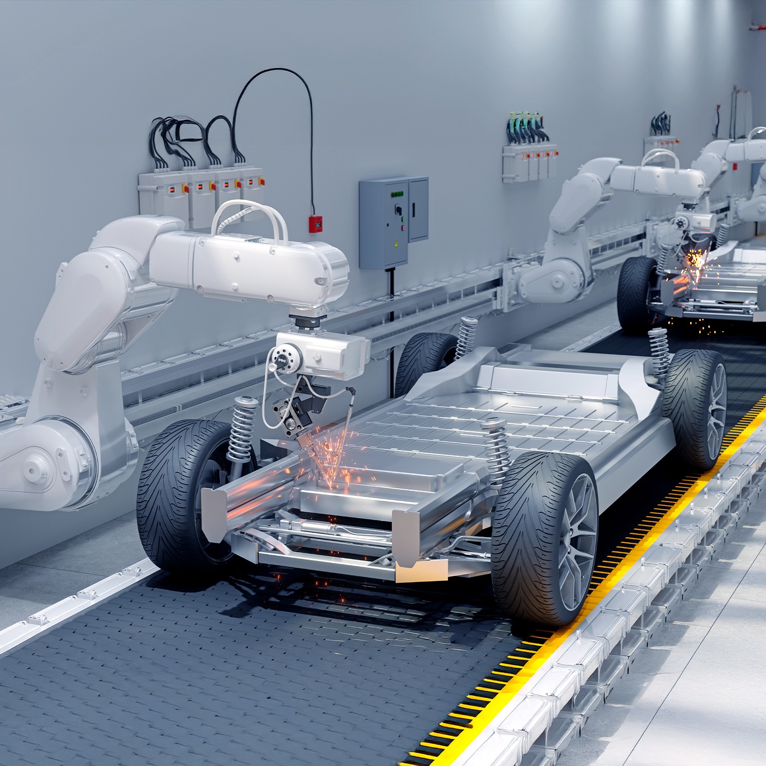 Close-up View Of Robot Arms Assembling Cars In Car Factory