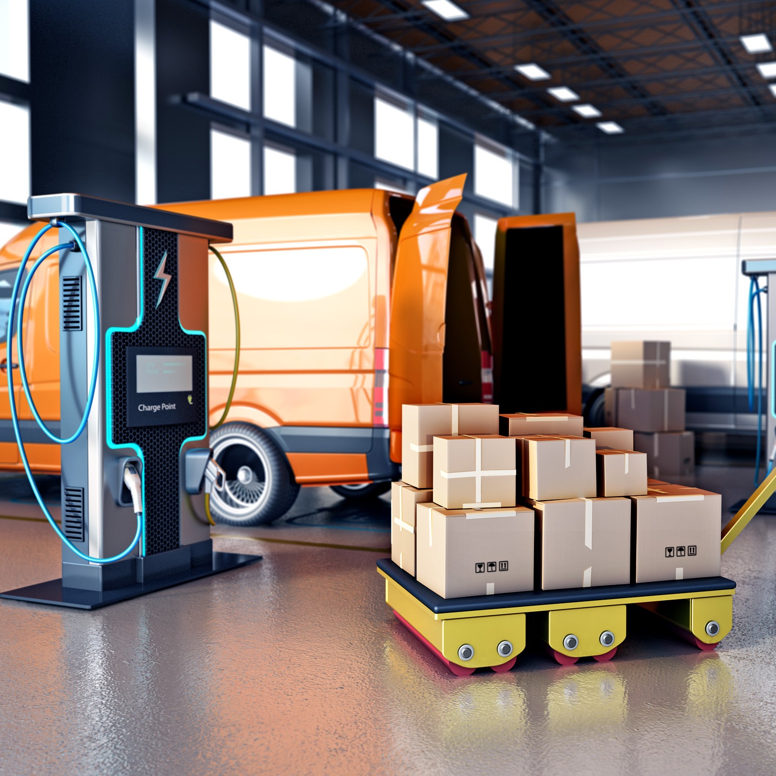 Packaged goods in cartons on trolleys next to transport vans 