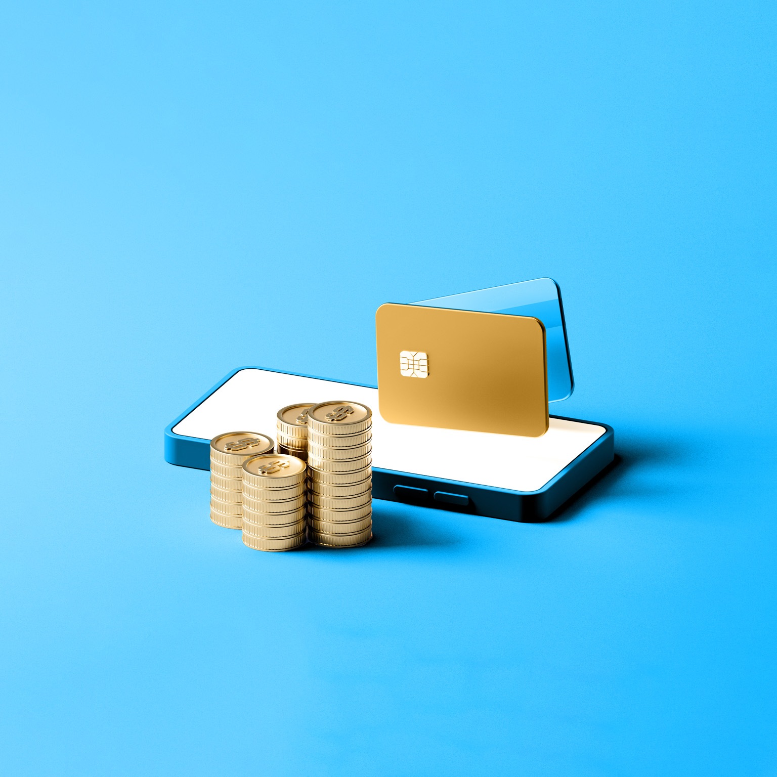 A digital rendering of a smartphone displaying a golden credit card and stacks of golden coins, all against a light blue background.