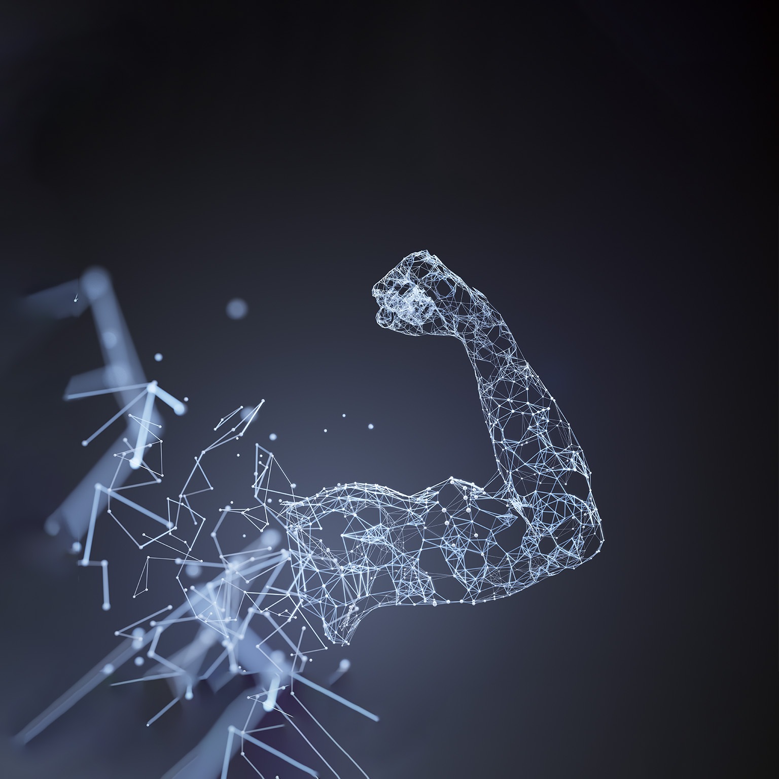 Image of polygon digital network lines forming the shape of a strong arm.